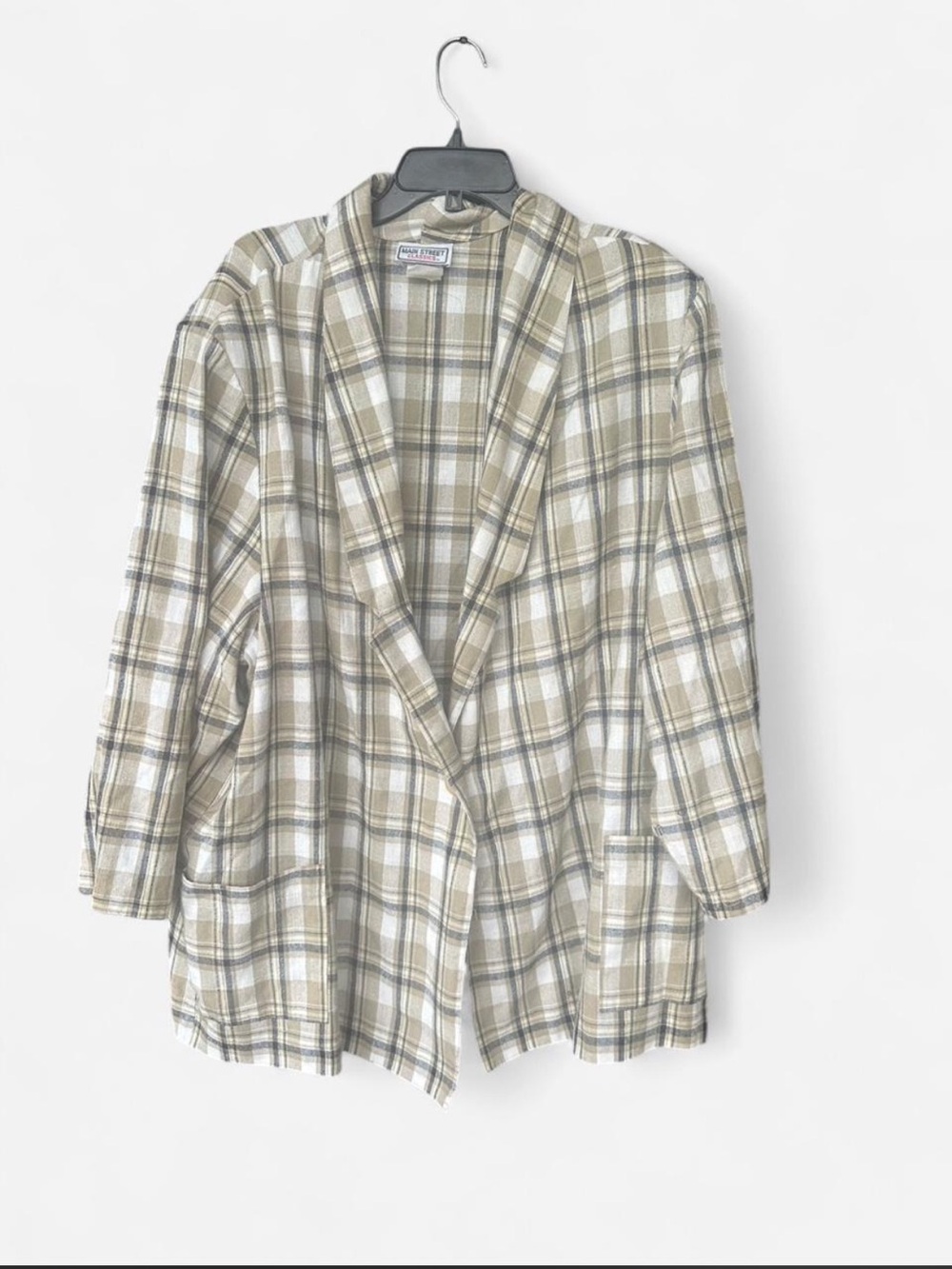 Plaid Open-Front Blazer Jacket in Beige by